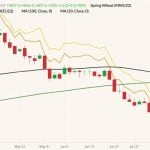 CBOT September 2022 wheat (candlesticks) with 50- and 100-day moving averages (black and dark green lines), MGEX September 2022 spring wheat (yellow line) and K.C. September 2022 hard red wheat (orange line). (Barchart)