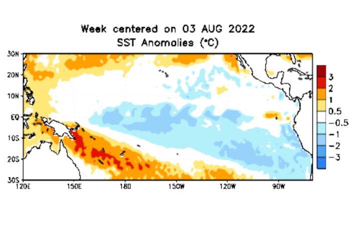 Weekly-average Pacific Ocean surface temperature anomalies for the week centred on Aug. 3, 2022, in degrees Celsius. (CPC.ncep.noaa.gov)
