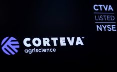 The logo and trading info for Corteva Agriscience displayed on the New York Stock Exchange in New York.  Photo: Reuters/Brendan McDermid