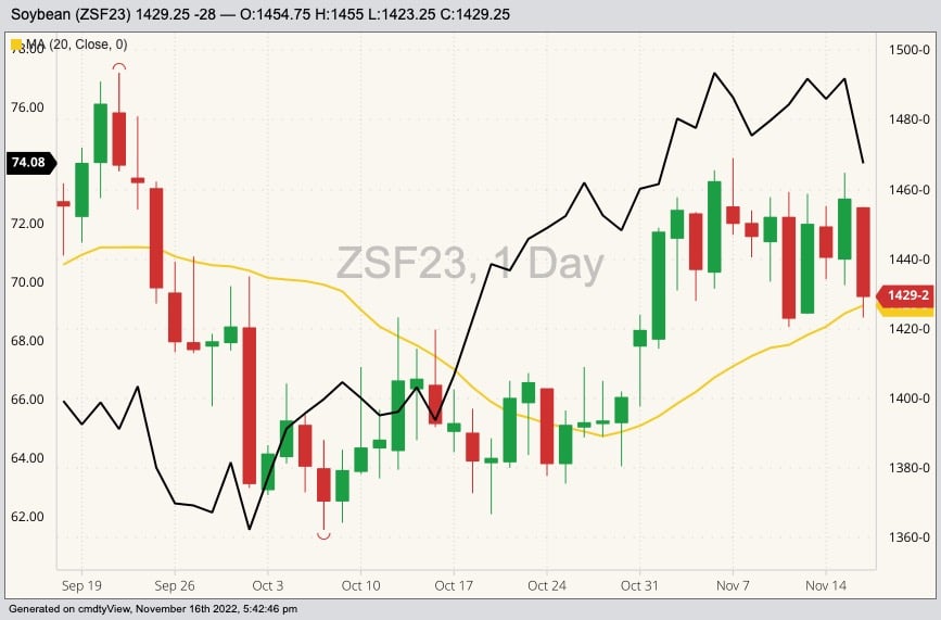 CBOT January 2023 soybeans (candlesticks, right column) with 20-day moving average (yellow line) and December 2022 soyoil (black line, left column). (Barchart)

