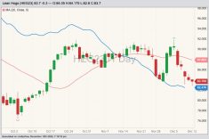 CME February 2023 lean hogs with 20-day moving average (pink line) and CME cash lean hog index (blue line). (Barchart)