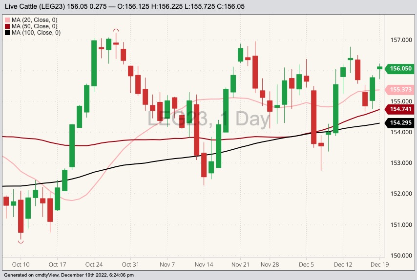 CME February 2023 live cattle with 20-, 50- and 100-day moving averages. (Barchart)

