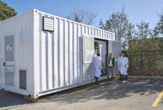 A FuelPositive containerized production system. The system combines hydrogen produced from water through electrolysis and nitrogen extracted from the air to produce anhydrous ammonia that can be stored on-farm.