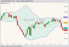 ICE March 2023 canola with Bollinger bands (20,2). (Barchart)
