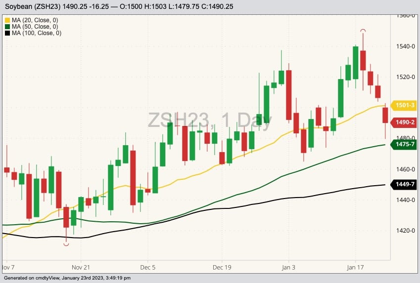 CBOT March 2023 soybeans with 20-, 50- and 100-day moving averages. (Barchart)

