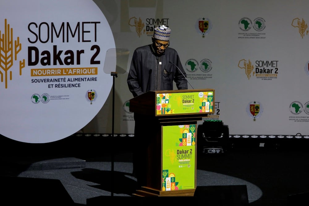Nigeria’s President Muhammadu Buhari speaks at the Dakar summit under the theme “Nourrir l’Afrique” (Feed Africa) hosted by the African Development Bank and the African Union Commission on Jan. 25, 2023. (Photo: Reuters/Ngouda Dione)
