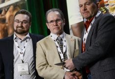 Lynn Leavitt, Leavitt’s Black Angus Beef, far right, was presented with the Beef Farmers of Ontario (BFO) 2023 Environmental Stewardship Award by Carson Burtwistle, RBC agriculture account manager, far left, and Jack Chaffe, BFO president centre, during the 61st BFO annual banquet in Toronto, Feb. 22, 2023.