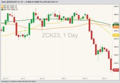 CBOT May 2023 corn with 20-, 50- and 100-day moving averages. (Barchart)