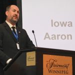 Iowa Pork Producers Association director Aaron Juergens speaks at the Manitoba Pork Council annual meeting
in Winnipeg April 13.