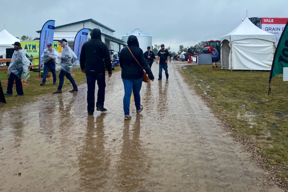 A rainy day on July 18, 2023 at the Ag in Motion outdoor farm show at Langham, Sask., west of Saskatoon. (Ag in Motion via Twitter)
