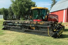 A New Holland Speedrower 260 Plus windrower unit, outfitted with Honey Bee’s WSC30 header. (Media.CNHIndustrial.com)
