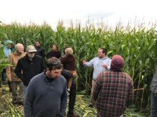 Tour participants listen to Brett Israel explain the farm’s strategy of adding alfalfa to the rotation as a source of on-farm nitrogen for a following corn crop.