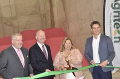 The new CRF Agritech coated fertilizer manufacturing plant was officially opened Sept. 18 in St. Thomas, Ont. The plant was inaugurated by (ltoR) Mike Pastir, CRF Agritech general manager, Joe Brady, Pursell CFO, Lisa Thompson, Ontario Minister of Agriculture, Food and Rural Affairs, and Casper Kaastra, Sollio Agriculture CEO.