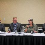 Manitoba’s incumbent NDP ag critic Diljeet Brar and Tory ag minister Derek Johnson appeared with Green Party leader Janine Gibson and Liberal candidate Neil Stewart (l-r) on Sept. 12, 2023 at a forum hosted by the Manitoba Farm Writers and Broadcasters Association. (Manitoba Co-operator photo by Geralyn Wichers)