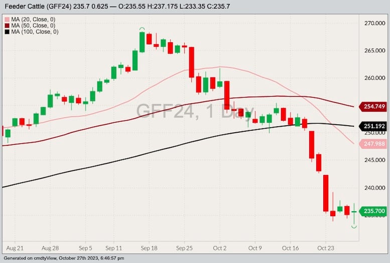 CME January 2024 feeder cattle with 20-, 50- and 100-day moving averages. (Barchart)

