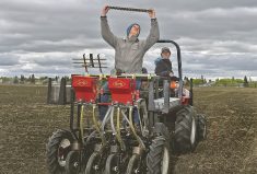 Everett Boots loads a seeding tray of a durum variety while Dayle Meyers drives the tractor at the University of Saskatchewan test plots in Saskatoon in 2020.