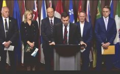 Keith Currie, left, president of the Canadian Federation of Agriculture, Jennifer Babcock, government and public affairs for the Canadian Cattle Association, Jan VanderHout, president of the Fruit and Vegetable Growers of Canada, Rick White, president the Canadian Canola Growers Association and Kyle Larking, executive director of Grain Growers of Canada, listen as Kody Blois, chair of the House Commons agriculture committee, talks about his new private member’s bill at an Oct. 19 news conference.