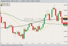 CBOT January 2024 soybeans with 20-, 50- and 100-day moving averages. (Barchart)