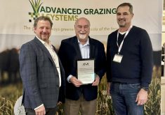 Dr. Dan Undersander, middle, is the 2023 winner of the Canadian Forage and Grassland Association Leadership Award. He is joined by Cedric MacLeod, executive director of CFGA, left and Eric Boot, right, chair, international exporters of CFGA.
 Photo: Catherine Brown