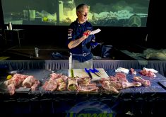 Brent Herrington, 2019 Ontario’s Finest Butcher, breaks down a full lamb carcass into traditional and premium value-added cuts during a craft butchery demonstration at the Ontario Sheep Farmers annual general meeting in October.