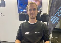 Julian Hauslein, chief technology officer with Recalm, demonstrates the company’s Ancor noise cancelling speakers at Agritechnica.