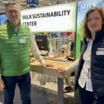 Benjamin Buechner, of John Deere, and Laurine Hetterscheid, of Dairy Data Warehouse, talked to farmers about the Milk Sustainability Centre at Agritechnica in November.