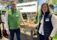 Benjamin Buechner, of John Deere, and Laurine Hetterscheid, of Dairy Data Warehouse, talked to farmers about the Milk Sustainability Centre at Agritechnica in November.