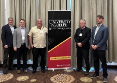 L to R: University of Guelph Dean John Cranfield; Brett Shepard, Ridgetown Campus; Chris Gillard, researcher; Jamie Payton, OBG Acting Chair; Ryan Koeslag, Ontario Bean Growers’ Executive Director.