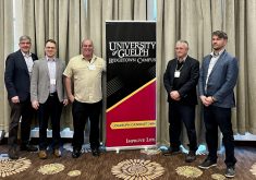 L to R: University of Guelph dean John Cranfield; Brett Shepard, Ridgetown Campus; Chris Gillard, researcher; Jamie Payton, OBG acting chair; Ryan Koeslag, Ontario Bean Growers executive director.