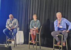 Gery Schrijver, right, of Alberta, Cox Wensink of Ontario and Phillip Vroegh of Nova Scotia were on a dairy producer panel at the 2024 Progressive Dairy Operators symposium.