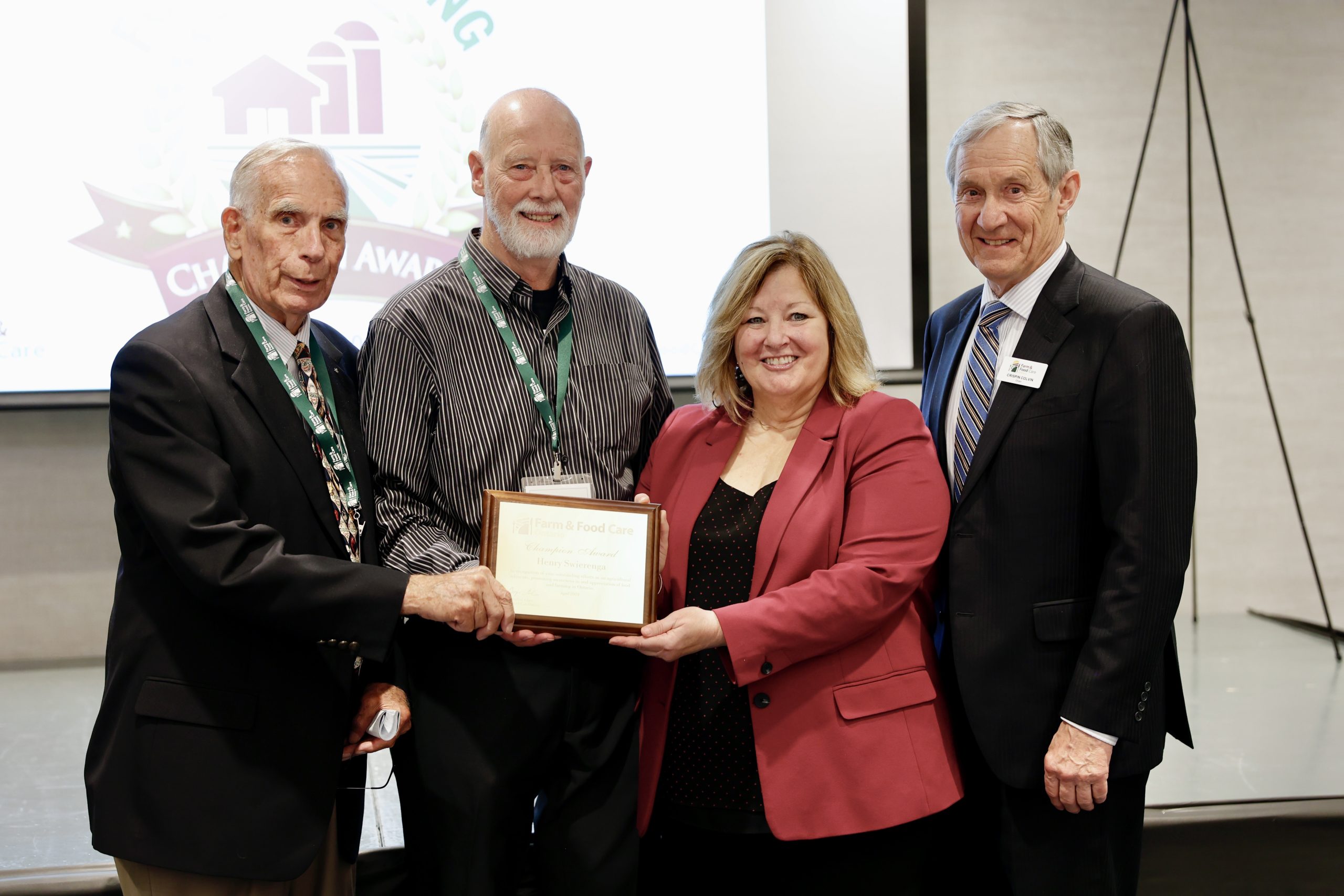 Photo caption: L-R Past chair and board member Bruce Christie presents the 2024 Food & Farming Champion Award to winner Henry Swierenga, alongside the Hon. Lisa Thompson, Minister of Agriculture Food & Rural Affairs, and FFCO Chair Crispin Colvin.
