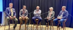 Panelists discuss their diversified dairy farm operations at the Canadian Dairy Xpo’s Canadian Dairy Business Conference. They included Korb Whale, left, Joel LePage, Gilbert Matheson, Bonnie den Haan and moderator Dan Matheson.
