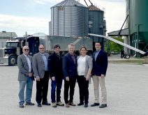 Wade Hainstock, CFCRA president, far left, Crosby Devitt, GFO CEO, Greg Hannam, Woodrill Farms Ltd., Guelph MP Lloyd Longfield, Heather Russell, Atlantic Grains Council executive director and Josh Cowan, CFCRA vice president, far right, announced a federal investment of $5.7 million in soybean, corn and oat research funding at Woodrill Farms Ltd in Guelph, Ont. May 13