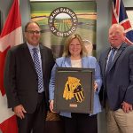 (L to R): Crosby Devitt, Grain Farmers of Ontario CEO; Ontario Agriculture and Agri-food Minister Lisa Thompson; Jeff Harrison, Grain Farmers of Ontario chair.