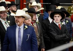 A group of men in suits and cowboy hats gather in the auction ring, with young rookie competitors looking anxious.