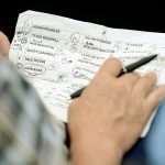 A sheet of paper is filled with notations beside each competitors name