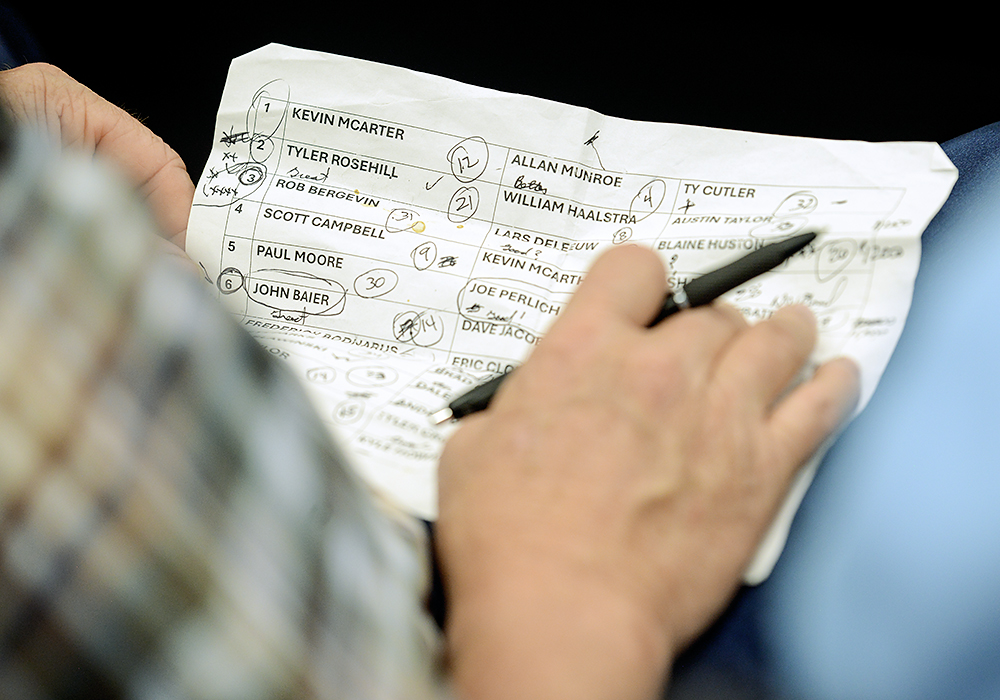 A sheet of paper is filled with notations beside each competitors name