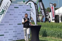 Dr. Curtis Pozniak, head of the Crop Development Centre, announces the EY report’s findings on July 16 at the University of Saskatchewan’s site at Ag in Motion.