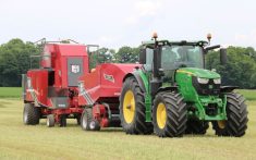 The new Marcrest baler, when paired with the Bale Baron accumulator, needs about 200 horsepower to pull and run it.