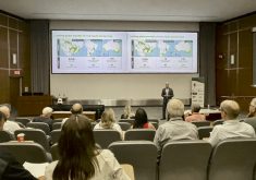 Jason Newton, chief economist and head of market research with Nutrien, provides a global crop market outlook to delegates attending the International Farm Management Association Congress in Saskatoon.