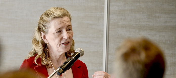 Mary Wells, University of Waterloo Dean of Engineering, explains collaboration potential between the agriculture and the university’s Applied Science and Engineering faculty to create sector technology solutions during the Livestock Research Innovation Corporation symposium in Elora on June 20, 2024.