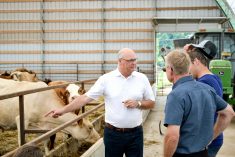 Rob Flack, Minister of Agriculture, Food and Agri-business, left, speaks with farmers following an announcement for $2 million in funding for the Ontario Beef Marketing Program and a $240 million increase to the Feeder Cattle Loan Guarantee program at Henrydale Farms in Carleton Place, July 29, 2024.
