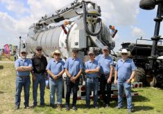 Some of the staff who work with Advance Tank Production Ltd. on their new biogas slurry trailer include, left Cameron Friedrich, Stephen Palsich, Mitch Amberson, Mike Frombach and right, Doug Kee. Also shown are Holger Ross Lauritsen and Jan Johansen from VM Tarm which worked with Advance on the project.