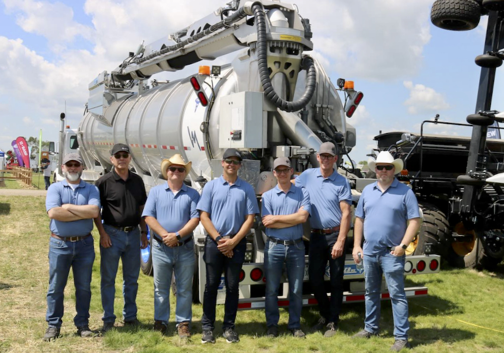 Some of the staff who work with Advance Tank Production Ltd. on their new biogas slurry trailer include, left Cameron Friedrich, Stephen Palsich, Mitch Amberson, Mike Frombach and right, Doug Kee. Also shown are Holger Ross Lauritsen and Jan Johansen from VM Tarm which worked with Advance on the project.