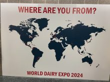 A map shows where international attendees come from at the World Dairy Expo 2024.