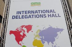 banner at the EIMA international agricultural machinery show in Bologna, Italy
