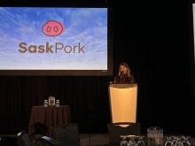 Martyna Lagoda speaks at Sask Pork Symposium 2024 in Saskatoon.