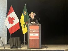 Tyler Fulton presents at the Saskatchewan Beef Industry Conference. While there, he focused on the potential threat of tariffs. Photo: Melissa Jeffers-Bezan
