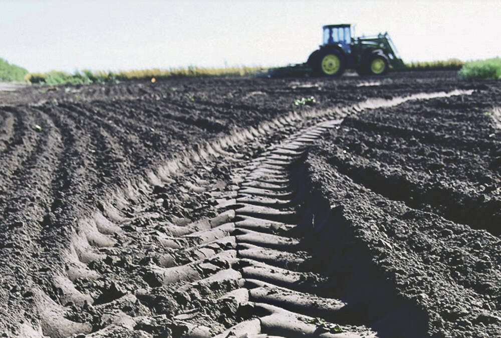 Compacted soil from equipment decreases soil volume porosity, which will negatively affect root development in crops and the ability of the soil to absorb water. 
