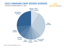 A pie chart showing 2025 Canadian crop seeded acreage, sourced from Statistics Canada